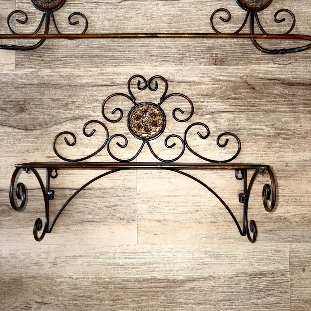 3pc Bronze Ornate Wrought Iron Bath Wall Decor Set Towel Bar Double Hook Shelf